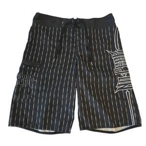 Vintage Y2K No Fear Embroidered Logo Striped Board Shorts‎ Black 34